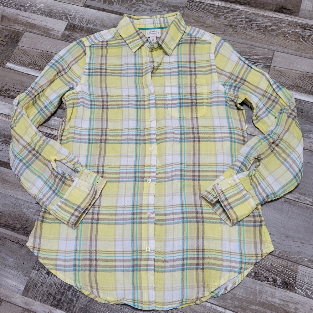 New St Johns Bay Yellow Plaid Long Sleeve Button Down Cotton Gauze Shirt Size XS